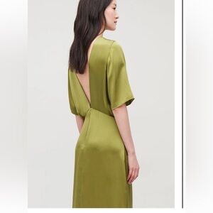 COS olive green 100% silk Deep V back Drape front short sleeves maxi dress Sz 12